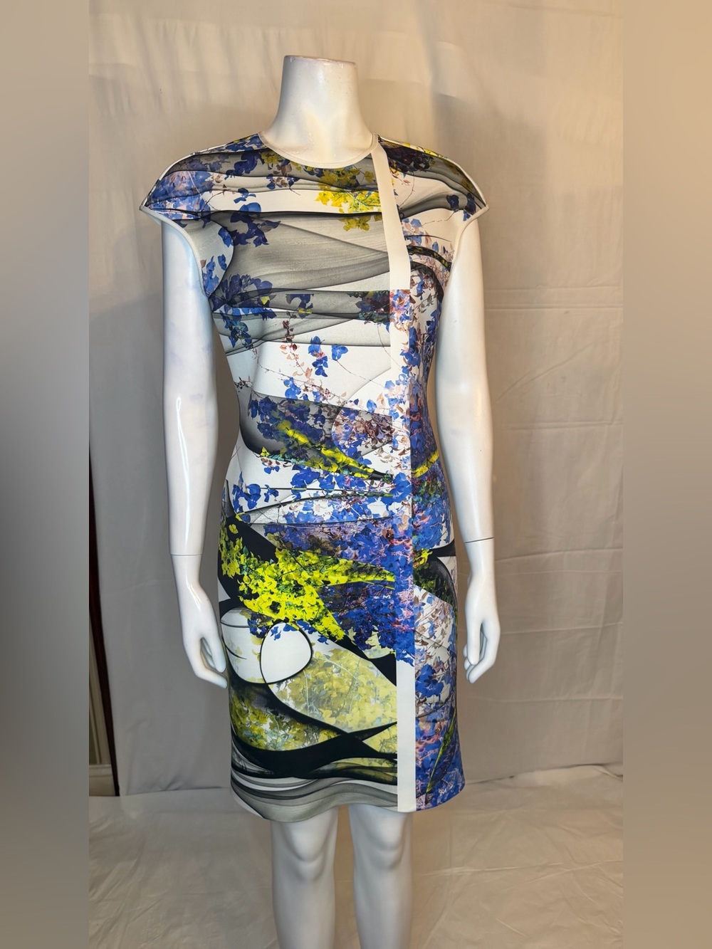Clover Canyon Blue, Yellow and White Abstract Midi Sheath Dress